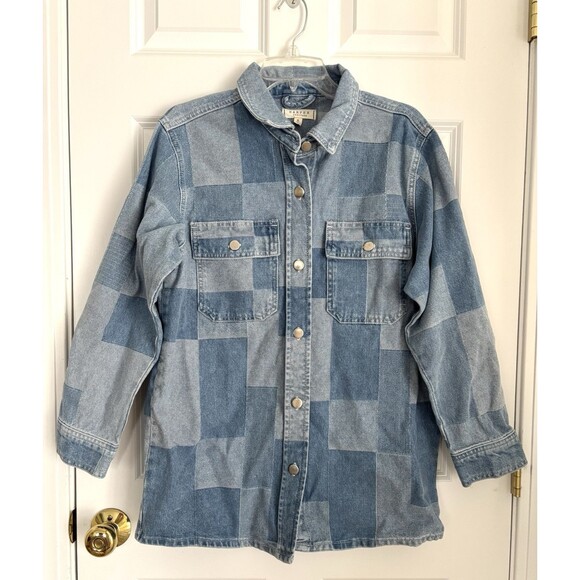 WOMEN'S SIZE MEDIUM JACKETS DEMIN SHIRT PATCHWORK BLUE LONG SLEEVE SHACKET 208 - Picture 2 of 5